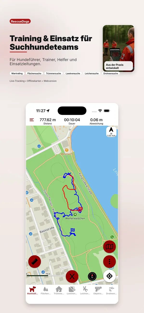 Aktueller RescueDogs App-Store-Screenshot mit Karte, Track-Ansicht und Trainingsthemen