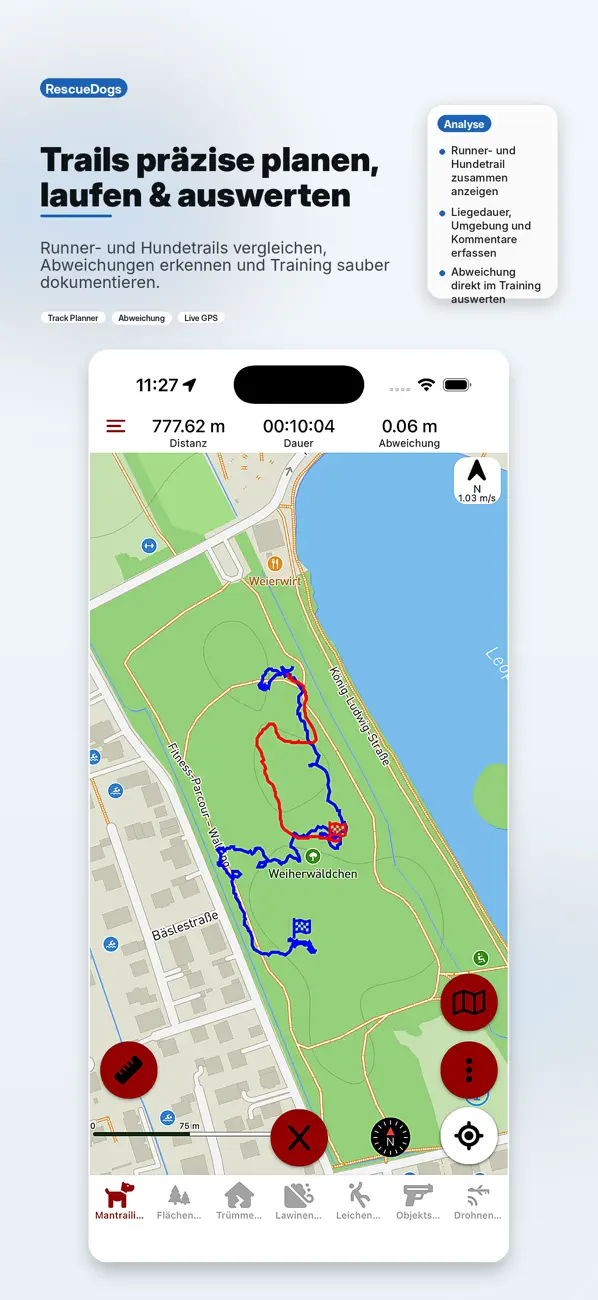 Aktueller RescueDogs App-Store-Screenshot zur Trail-Planung und Auswertung