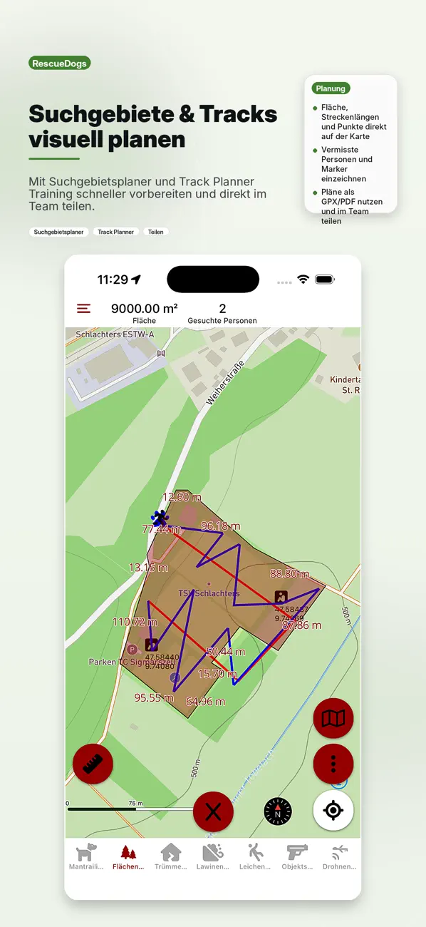 RescueDogs App-Store-Screenshot: Suchgebiete und Tracks vorbereiten