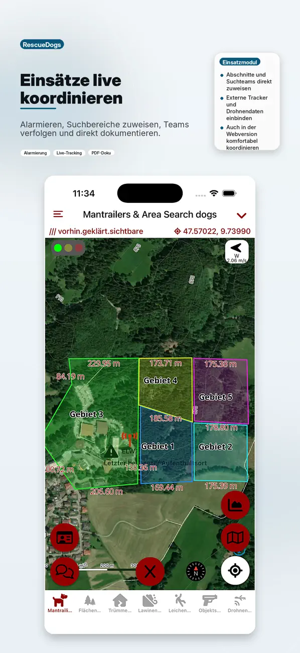 RescueDogs App-Store-Screenshot: Einsatzmodul und Einsatzkoordination