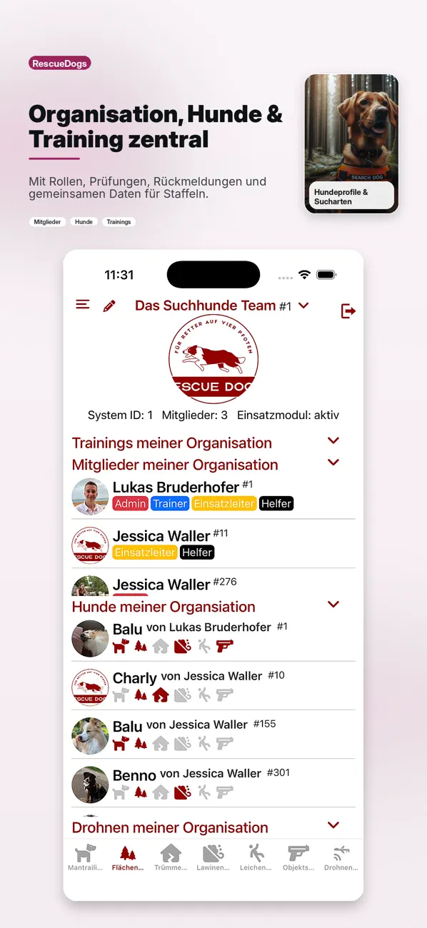 RescueDogs App-Store-Screenshot: Organisation und Teamarbeit