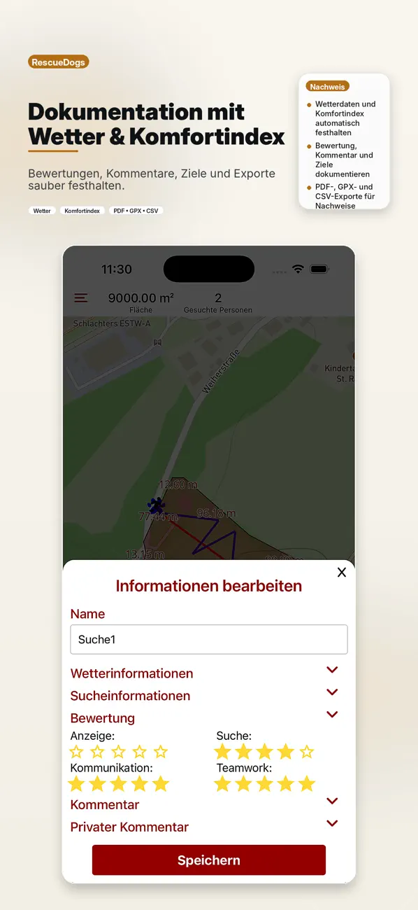RescueDogs App-Store-Screenshot: Dokumentation und Auswertung